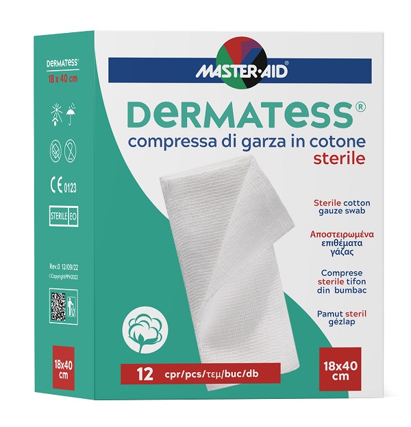 GARZA COMPRESSA MASTER-AID DERMATESS COTONE 18X40CM 12 PEZZI - Farmacia Mastrangelo 