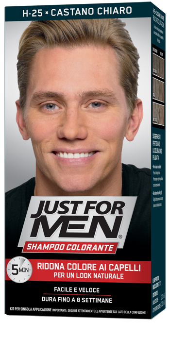 JUST FOR MEN SHAMPOO COLORANTE H25 CASTANO CHIARO ATTIVATORE CHIARO 38,5 ML + BASE COLORE 27,5 ML - Farmacia Mastrangelo 