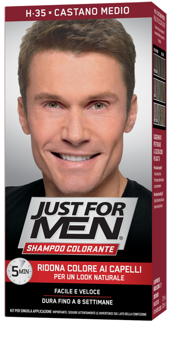 JUST FOR MEN SHAMPOO COLORANTE H35 CASTANO MEDIO ATTIVATORE CHIARO 38,5 ML + BASE COLORE 27,5 ML - Farmacia Mastrangelo 