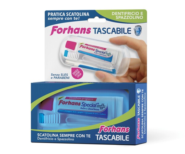 FORHANS TRAVEL KIT TASCABILE COMPOSTO DA SPAZZOLINO DA VIAGGIO + FORHANS SPECIAL PASTA DENTIFRICIA TUBETTO 12,5 ML - Farmacia Mastrangelo 