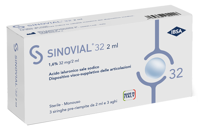 SIRINGA INTRA-ARTICOLARE SINOVIAL 32 ACIDO IALURONICO SALE SODICO 1,6% 32MG/2ML 3 SIRINGHE X 2ML + 3 AGHI - Farmacia Mastrangelo 