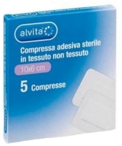 ALVITA GARZA COMPRESSA ADESIVA STERILE IN TESSUTO NON TESSUTO ESTENSIBILE BIANCO 10X6CM 5 PEZZI - Farmacia Mastrangelo 