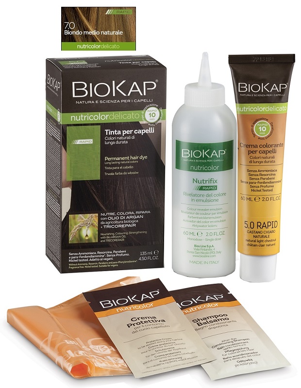 BIOS LINE  BIOKAP NUTRICOLOR DELICATO RAPID TINTA 7,0 BIONDO MEDIO NATURALE 135 ML - Farmacia Mastrangelo 