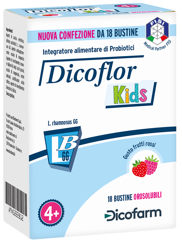 DICOFLOR KIDS 18 BUSTINE OROSOLUBILI GUSTO FRUTTI ROSSI - Farmacia Mastrangelo 