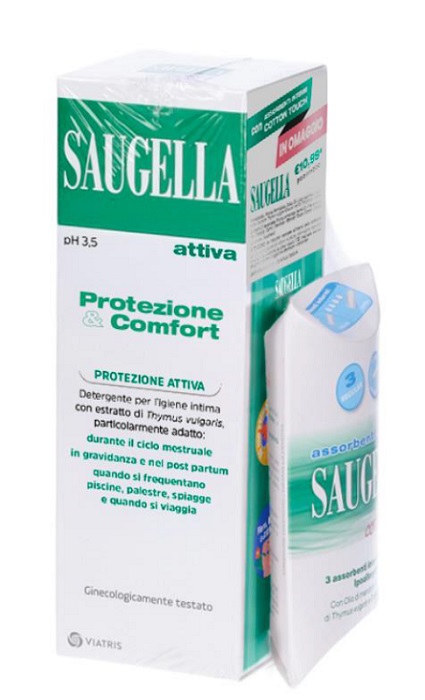 SAUGELLA PROTEZIONE&COMFORT BUNDLE 1 ATTIVA 250 ML + 3 ASSORBENTI INTERNI REGULAR IN OMAGGIO + GADGET STICKERS MOTIVAZIONALI - Farmacia Mastrangelo 