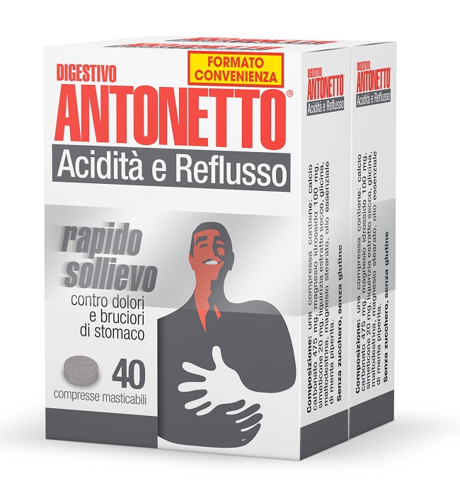 DIGESTIVO ANTONETTO ACIDITA' E REFLUSSO 80 COMPRESSE MASTICABILI 2 ASTUCCI DA 40 COMPRESSE - Farmacia Mastrangelo 