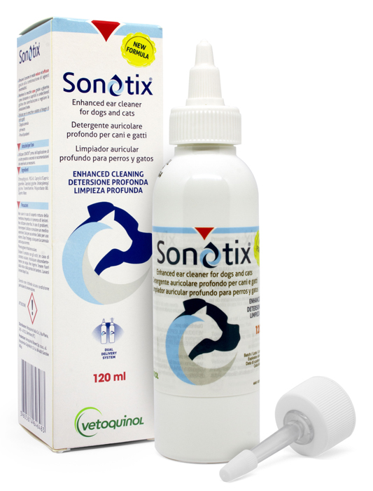SONOTIX DETERGENTE AURICOLARE PROFONDO CANI E GATTI 120 ML + CANNULA CORTA RIGIDA + CANNULA LUNGA FLESSIBILE - Farmacia Mastrangelo 
