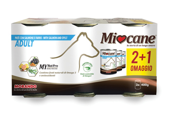 MIOCANE PATE' TRIS ADULT SALMONE/FARRO 3 X 400 G - Farmacia Mastrangelo 