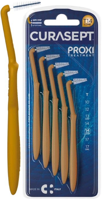 SCOVOLINO CURASEPT PROXI ANGLE MISURA T14 CONICO ISO 4 COLORE OCRA DIAMETRO 1,4 MM 5 PEZZI - Farmacia Mastrangelo 