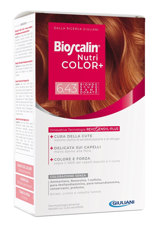 BIOSCALIN NUTRICOLOR PLUS 6,43 BIONDO SCURO RAME DORATO CREMA COLORANTE 40 ML + RIVELATORE CREMA 60 ML + SHAMPOO 12 ML + TRATTAMENTO FINALE BALSAMO 12 ML - Farmacia Mastrangelo 
