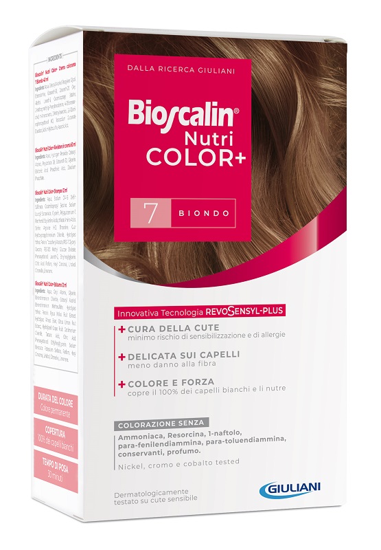 BIOSCALIN NUTRICOLOR PLUS 7 BIONDO CREMA COLORANTE 40 ML + RIVELATORE CREMA 60 ML + SHAMPOO 12 ML + TRATTAMENTO FINALE BALSAMO 12 ML - Farmacia Mastrangelo 