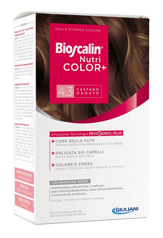 BIOSCALIN NUTRICOLOR PLUS 4,3 CASTANO DORATO CREMA COLORANTE 40 ML + RIVELATORE CREMA 60 ML + SHAMPOO 12 ML + TRATTAMENTO FINALE BALSAMO 12 ML - Farmacia Mastrangelo 