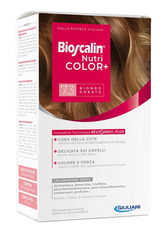 BIOSCALIN NUTRICOLOR PLUS 7,3 BIONDO DORATO CREMA COLORANTE 40 ML + RIVELATORE CREMA 60 ML + SHAMPOO 12 ML + TRATTAMENTO FINALE BALSAMO 12 ML - Farmacia Mastrangelo 