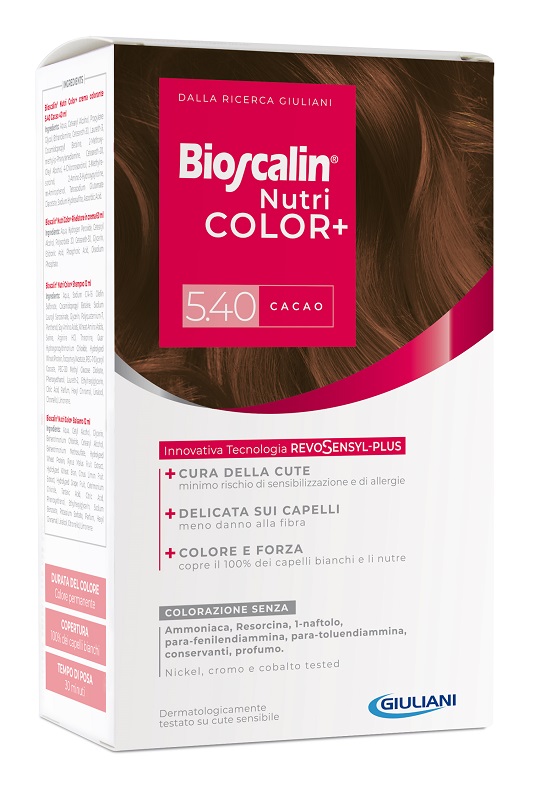 BIOSCALIN NUTRICOLOR PLUS 5,40 CACAO CREMA COLORANTE 40 ML + RIVELATORE CREMA 60 ML + SHAMPOO 12 ML + TRATTAMENTO FINALE BALSAMO 12 ML - Farmacia Mastrangelo 
