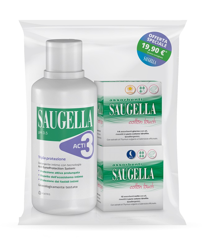 SAUGELLA ACTI3 DETERGENTE INTIMO + 2 SCATOLE ASSORBENTI GIORNO E NOTTE - Farmacia Mastrangelo 