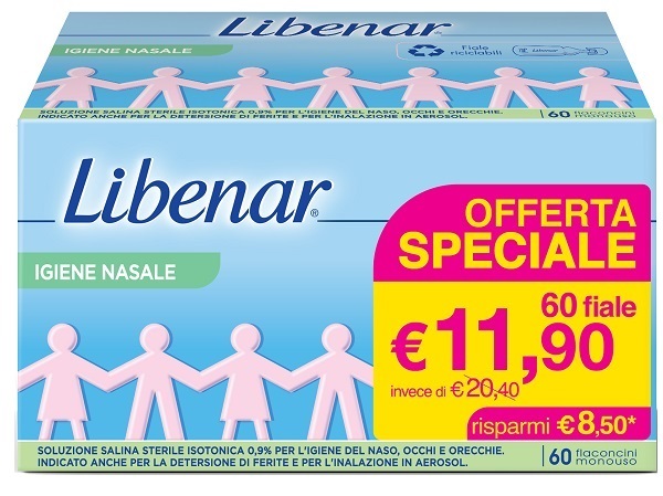 SOLUZIONE SALINA ISOTONICA 0,9% LIBENAR PER IGIENE NASALE 60 FLACONCINI MONOUSO X 5 ML - Farmacia Mastrangelo 